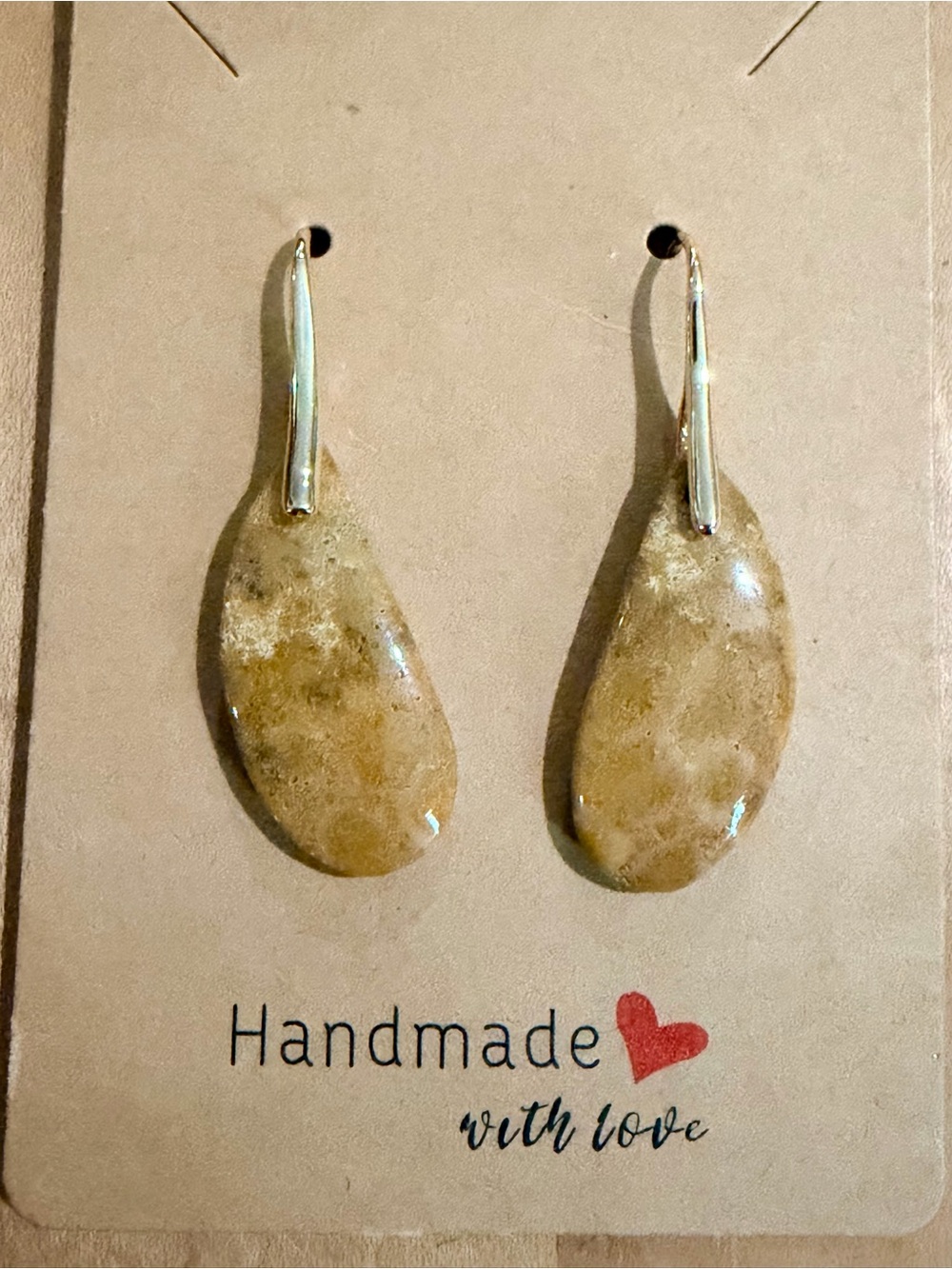 Handmade Beige Fossil Coral Dangle Earrings - 14K Gold Plated